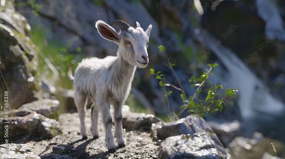 Naklejka premium Small goat stands on a rocky path near a ledge