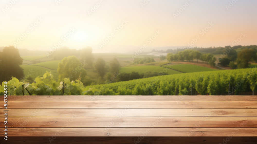 Empty wood table top with on blurred vineyard landscape background, for display or montage your products. Agriculture winery and wine tasting concept., generative ai Empty wood table top with on blurred vineyard landscape background, for display or montage your products. Agriculture winery and wine tasting concept., generative ai