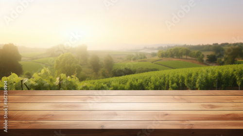Empty wood table top with on blurred vineyard landscape background, for display or montage your products. Agriculture winery and wine tasting concept., generative ai