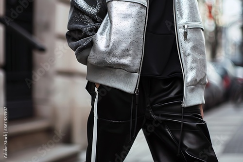 A playful juxtaposition of matte and glossy textures in a sporty outfit