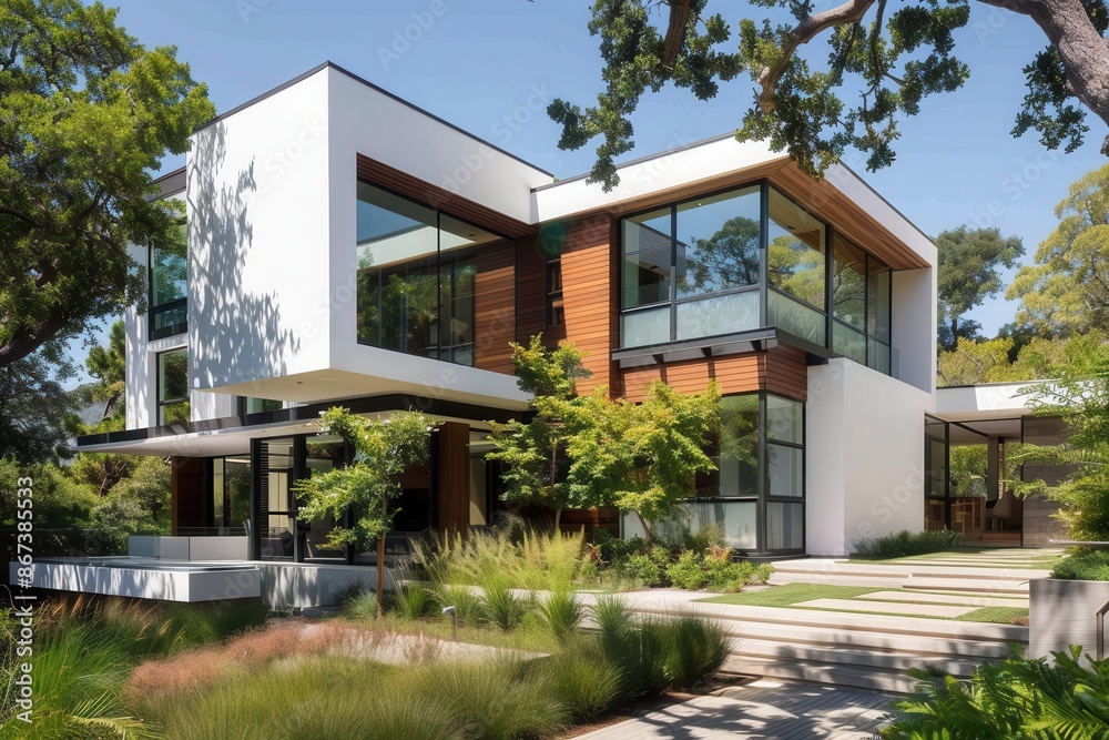 minimalist modern home exterior with sleek white facade large windows natural wood accents and lush green landscaping exuding calm sophistication minimalist modern home exterior with sleek white facade large windows natural wood accents and lush green landscaping exuding calm sophistication