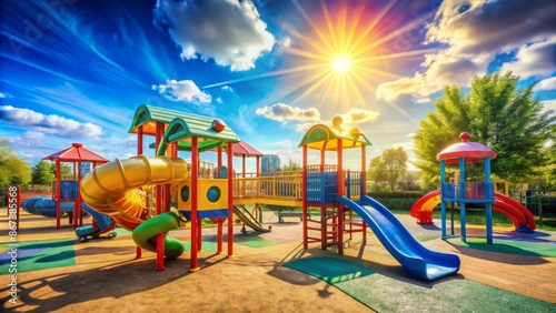 Wallpaper Mural Colorful, vibrant, and lively playground scene with swings, slides, and climbing structures set against a bright blue sunny afternoon sky. Torontodigital.ca