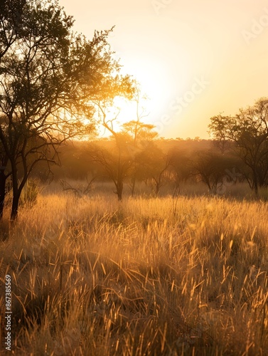 Sunrise over the savanna and grass fields in central Kruger National Park in South Africa photo