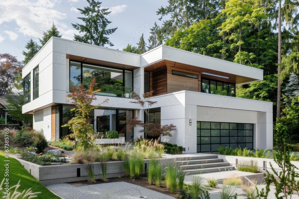 minimalist modern home exterior with sleek white facade large windows natural wood accents and lush green landscaping exuding calm sophistication minimalist modern home exterior with sleek white facade large windows natural wood accents and lush green landscaping exuding calm sophistication