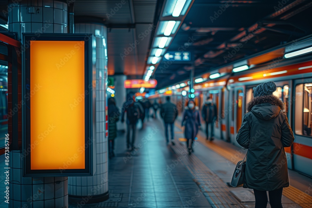 Fototapeta premium A Bright Yellow Subway Advertisement In A Modern Train Station