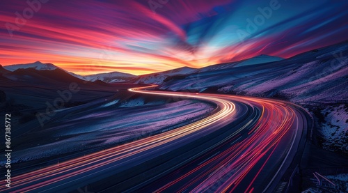 A winding highway through the mountains, with long exposure lights on cars creating streaks of light in vibrant colors against the backdrop of a colorful sunset sky. 