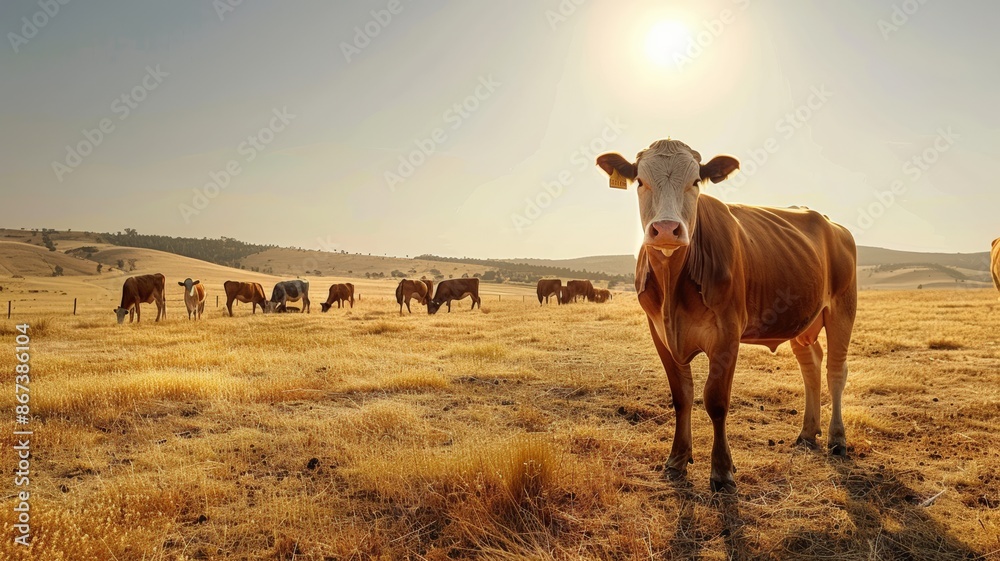 Brown Cow Standing in a Field with other Cows, Sun Shining Brightly, Looking at the Camera Brown Cow Standing in a Field with other Cows, Sun Shining Brightly, Looking at the Camera