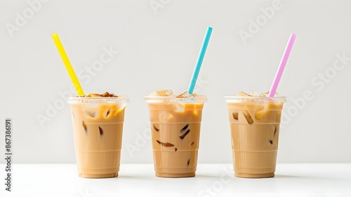 Three cups of iced coffee mockup with colored straws on a white background.