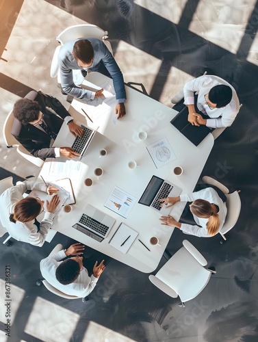 Top view of group of multiethnic busy people working in an office, Aerial view with businessman and businesswoman sitting around a conference table with blank copy space, Business meeting concept 