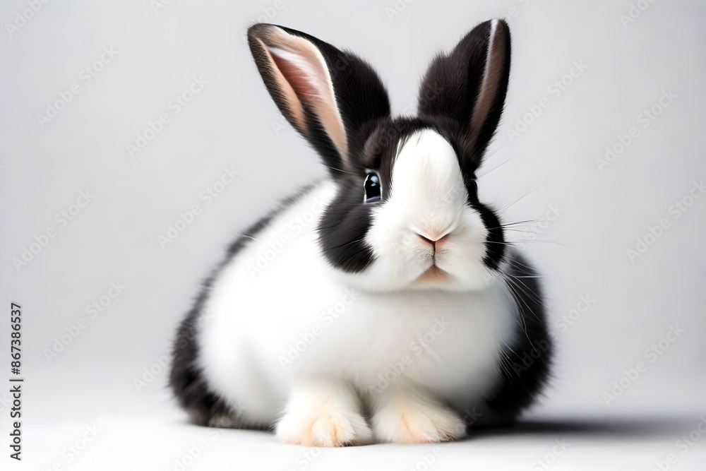 Fototapeta premium Cute black and white baby rabbit, sitting up facing front. Looking towards camera. Isolated on a white background.