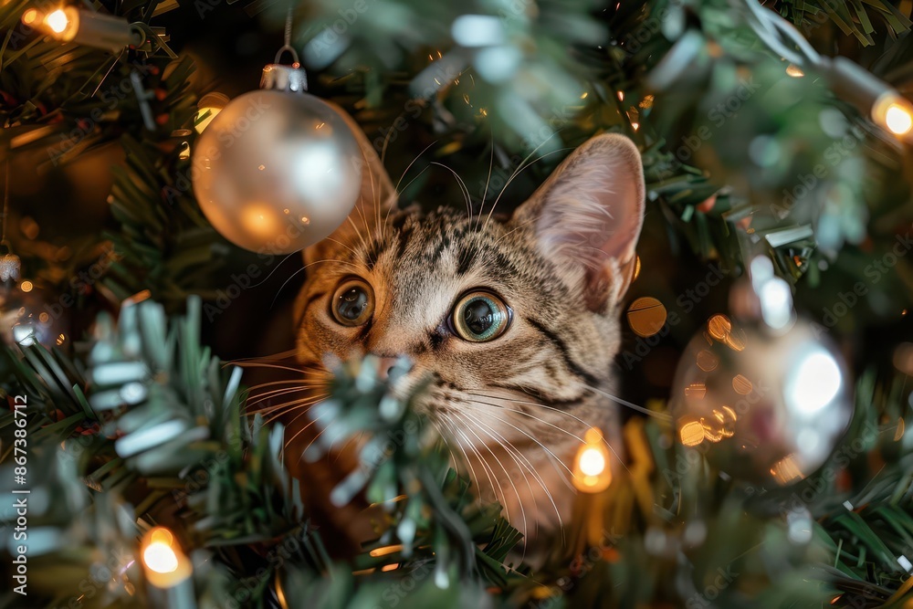 mischievous tabby cat peeking out from behind a twinkling christmas tree ornaments reflect in curious eyes creating a magical holiday scene warm cozy atmosphere mischievous tabby cat peeking out from behind a twinkling christmas tree ornaments reflect in curious eyes creating a magical holiday scene warm cozy atmosphere