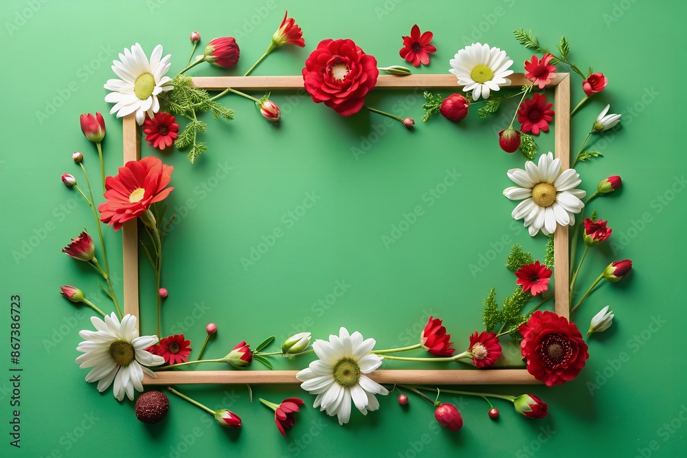 A frame made of red and white flowers on a green background A frame made of red and white flowers on a green background