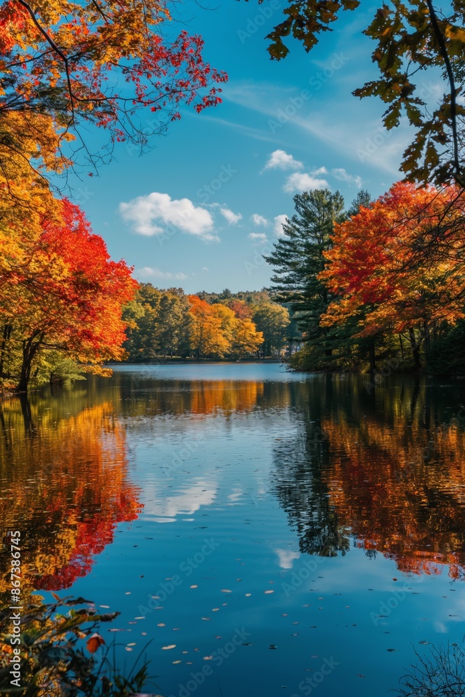 Obraz premium Idyllic autumnal scenery by a riverbank with a mirror-like water surface and colorful foliage.