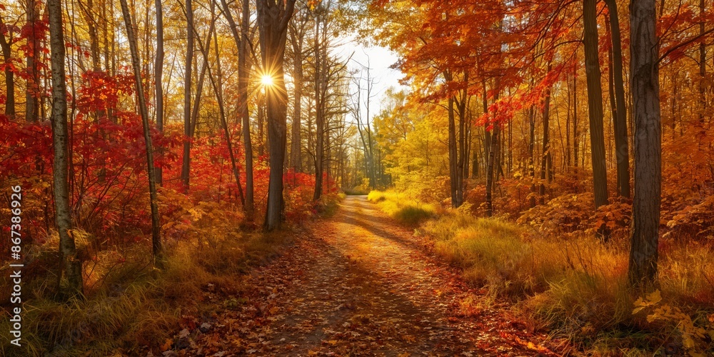 A golden woodland path with vibrant foliage and trees illuminated by sunrise sunlight in autumn. A golden woodland path with vibrant foliage and trees illuminated by sunrise sunlight in autumn.