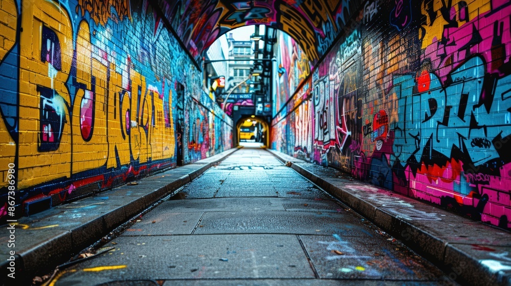 Naklejka premium Colorful Graffiti Alleyway with Brick Walls and a Narrow Passageway Leading to a City Street