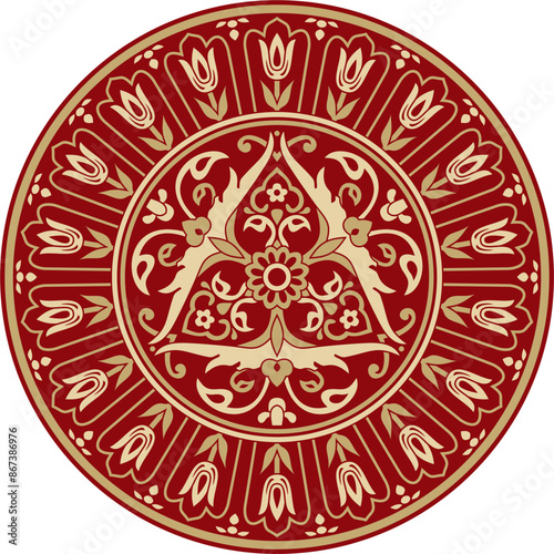Vector gold with red round Turkish ornament. Ottoman circle, ring, frame.