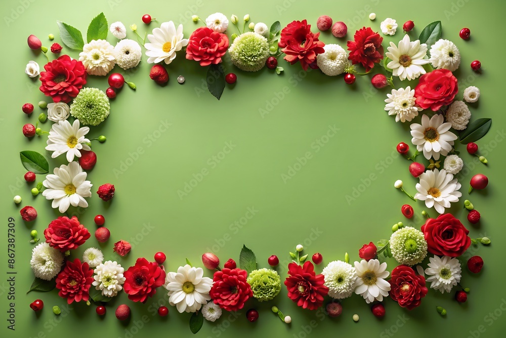 A frame made of red and white flowers on a green background