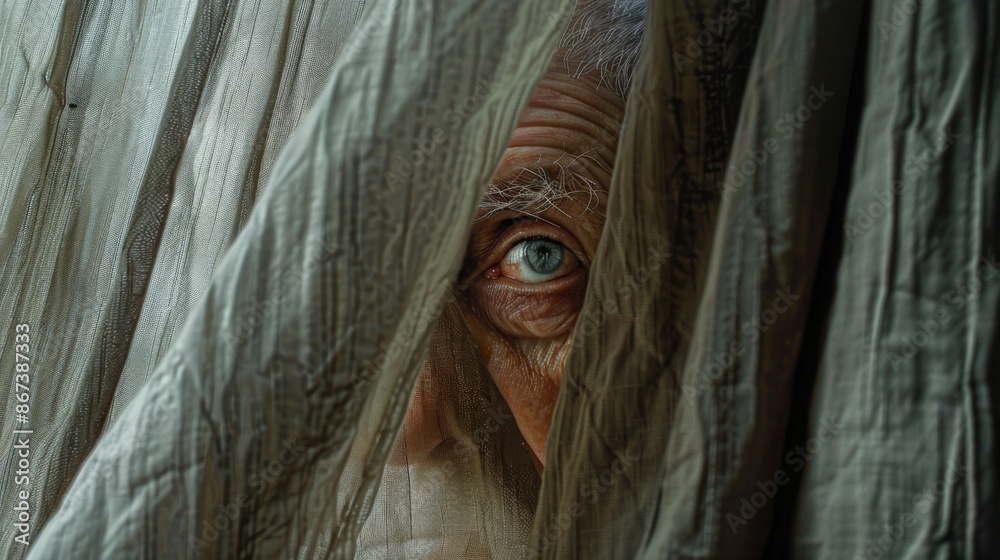 Obraz premium An elderly man looks out from behind a grey curtain.