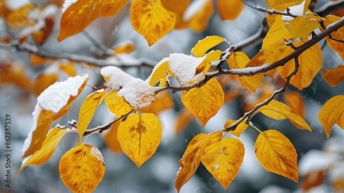 Winter scenery of yellow leaved branches covered in snow