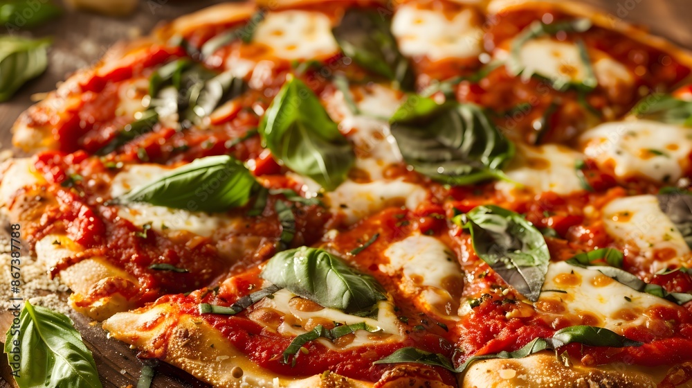 Margherita Pizza: A crispy, thin crust topped with vibrant red tomato sauce, melted mozzarella cheese, and fresh basil leaves. Margherita Pizza: A crispy, thin crust topped with vibrant red tomato sauce, melted mozzarella cheese, and fresh basil leaves.