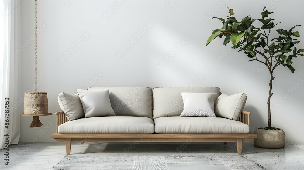 View of modern scandinavian style interior with sofa. Home staging and minimalism concept View of modern scandinavian style interior with sofa. Home staging and minimalism concept