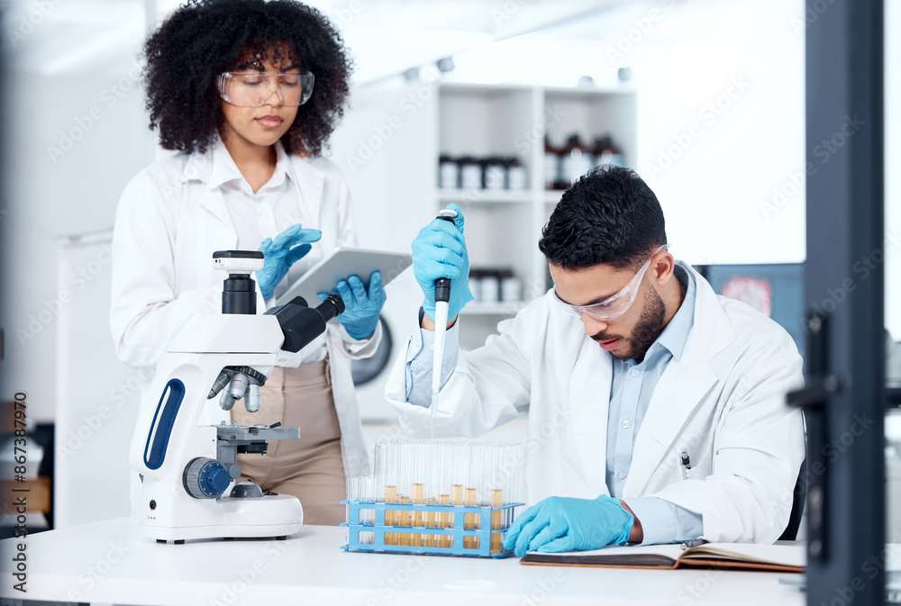 Teamwork, science and test tube in laboratory for research, together and ppe for experiment. Microscope, results and healthcare workers for wellness in clinic with collaboration and development Teamwork, science and test tube in laboratory for research, together and ppe for experiment. Microscope, results and healthcare workers for wellness in clinic with collaboration and development