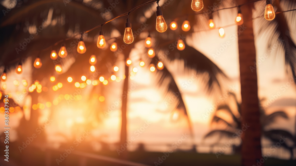 blurred bokeh light on sunset with yellow string lights decor in beach restaurant. outdoor string lights hanging on a line in backyard. outdoor string lights,, generative ai blurred bokeh light on sunset with yellow string lights decor in beach restaurant. outdoor string lights hanging on a line in backyard. outdoor string lights,, generative ai