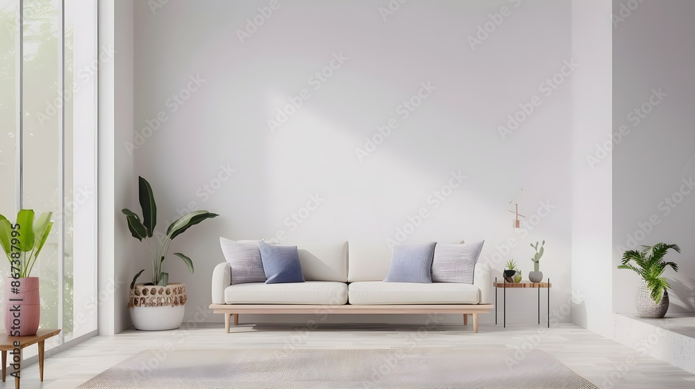 View of modern scandinavian style interior with sofa. Home staging and minimalism concept