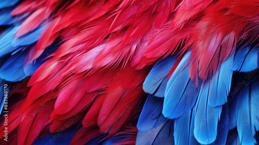 Fototapeta premium Closeup of a colorful parrot. Parrot feathers, red and blue exotic texture, generative ai