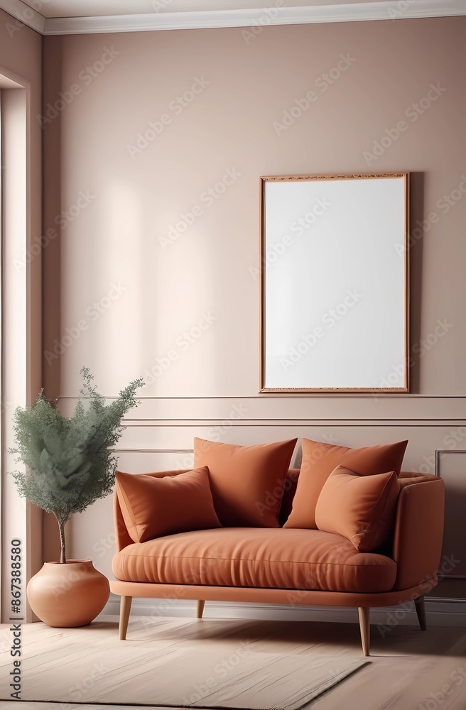 Brown armchairs and sofa by the wall with frame. Scandinavian interior design of modern living room. Brown armchairs and sofa by the wall with frame. Scandinavian interior design of modern living room.