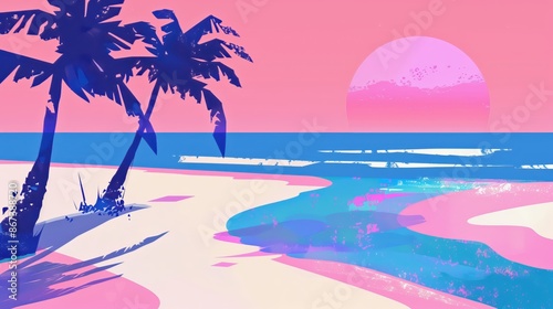 New Nostalgia: Abstract 90s Beach Scene at Sunset with Vibrant Colors and Palm Trees