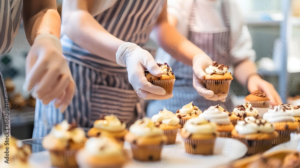 Women putting muffins on display in bakery shop, close-up 