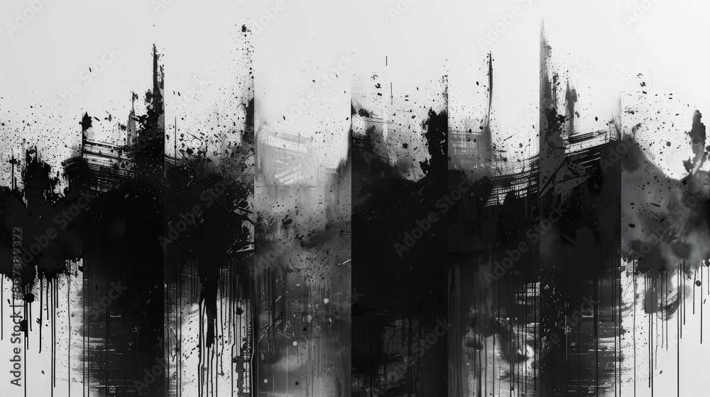 Abstract black and white painting with dripping effects, grunge style, evoking a dark and moody atmosphere Abstract black and white painting with dripping effects, grunge style, evoking a dark and moody atmosphere
