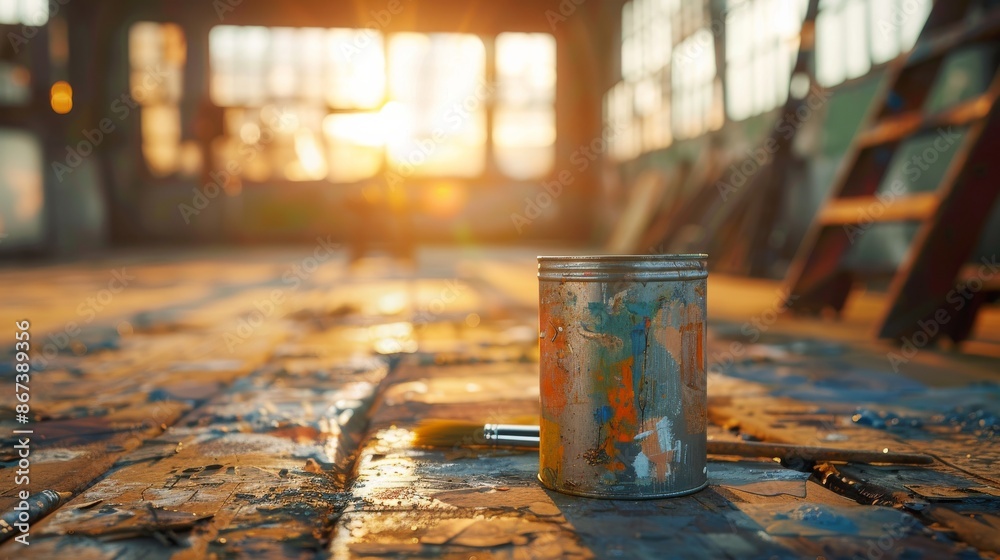 Paint can and brush are sitting on a studio floor with the setting sun creating lens flare through the windows in the background Paint can and brush are sitting on a studio floor with the setting sun creating lens flare through the windows in the background