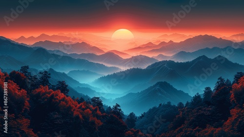 Sun setting behind vast mountains, casting long shadows and warm orange glow. Stunning mix of reds, blues, oranges in peaceful, serene view photo