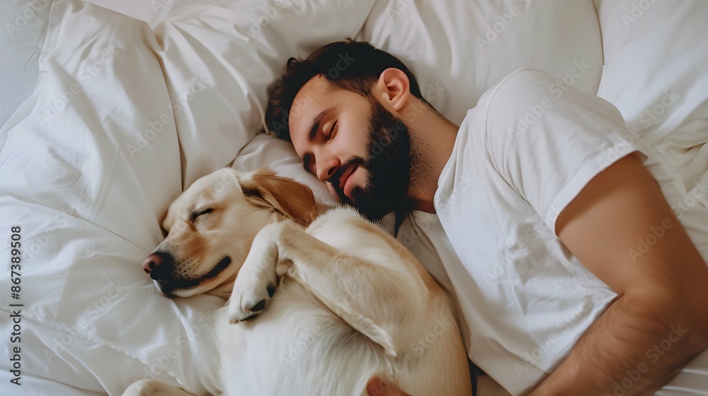 Young man and dog sleeping together in white bed at home Young man and dog sleeping together in white bed at home