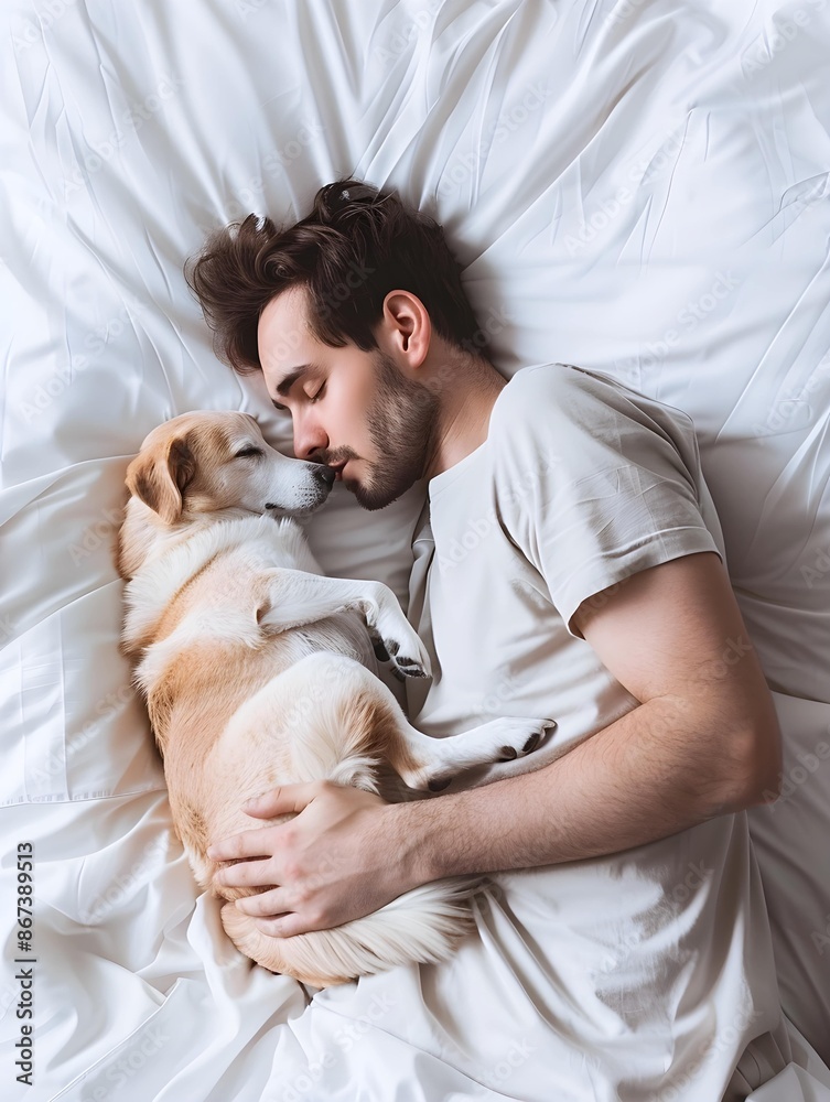 Young man and dog sleeping together in white bed at home Young man and dog sleeping together in white bed at home