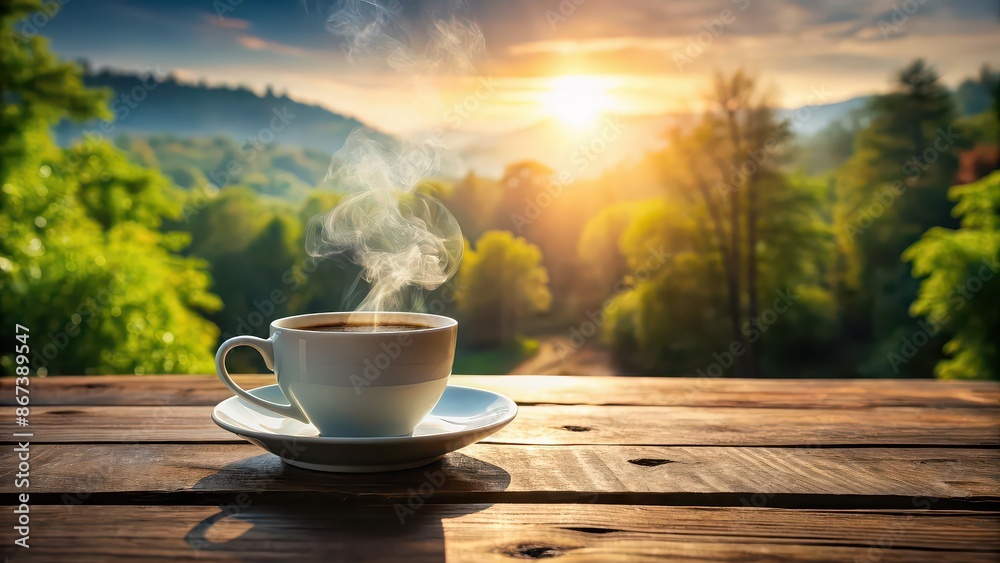 Tranquil morning scene with a steaming cup of coffee on a table , coffee, morning, relaxation, calm, peaceful, beverage, hot drink, aroma, caffeine, break, quiet, serene, sunlight, cozy Tranquil morning scene with a steaming cup of coffee on a table , coffee, morning, relaxation, calm, peaceful, beverage, hot drink, aroma, caffeine, break, quiet, serene, sunlight, cozy