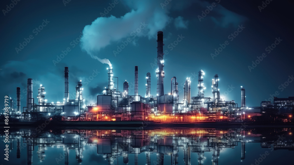 Blurred Oil refinery plant from industry zone at night. Oil and gas petrochemical industrial. bokeh wide panorama. Refinery factory oil storage tank and pipeline steel at night, generative ai Blurred Oil refinery plant from industry zone at night. Oil and gas petrochemical industrial. bokeh wide panorama. Refinery factory oil storage tank and pipeline steel at night, generative ai