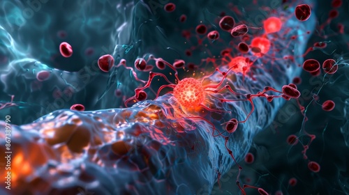Conceptual depiction of the inflammation process in the esophagus with blood cells and immune response. photo