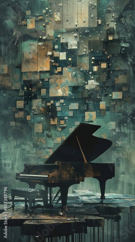 Old piano is standing on a stage with abstract cubes floating in the background, creating a surreal and artistic atmosphere