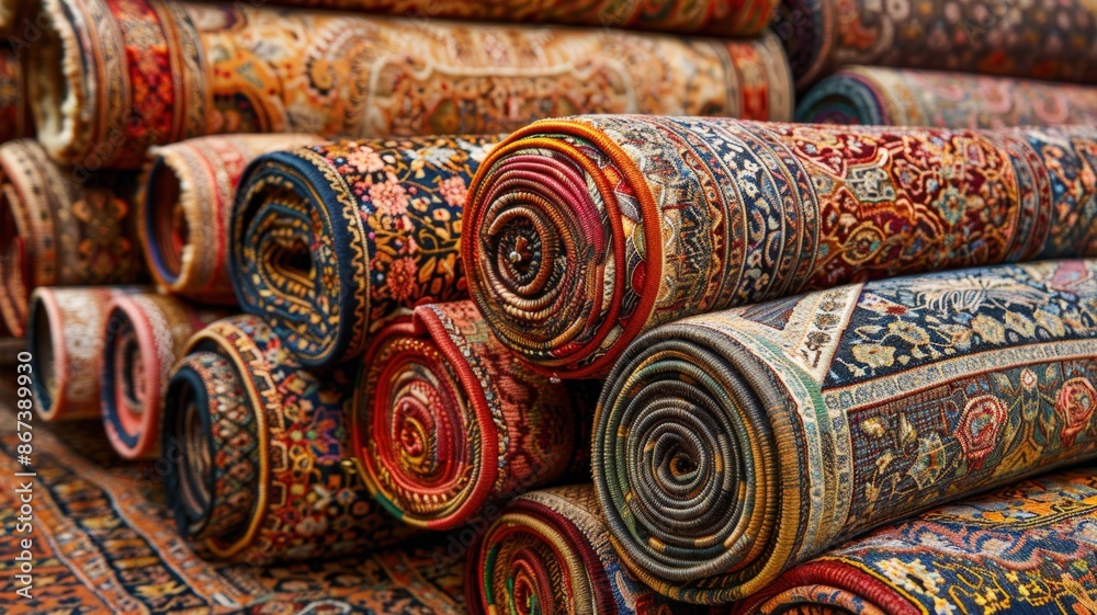 Rolled Up Oriental Rugs Displayed in a Market Stall Rolled Up Oriental Rugs Displayed in a Market Stall