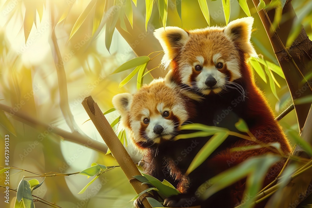 playful red panda pair adorable cubs perched on tree branch surrounded by lush bamboo foliage soft sunlight filters through leaves highlighting their fluffy red fur and curious expressions