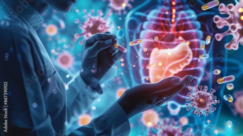 An animated depiction illustrating a person taking medication with a background illustration of viruses and internal human organs.