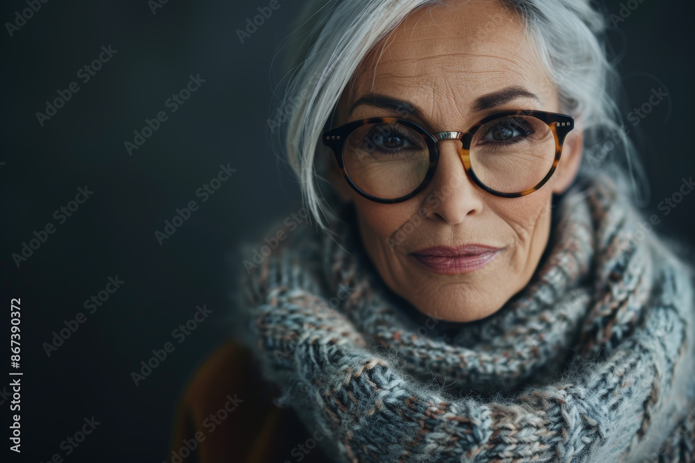 Close-up portrait of a senior woman of Middle Eastern descent, studio photo, against a sleek gray studio backdrop Close-up portrait of a senior woman of Middle Eastern descent, studio photo, against a sleek gray studio backdrop