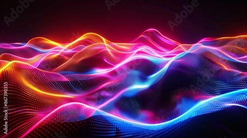 Dynamic and vibrant neon waves in motion, with a blend of blue and pink hues, creating an abstract background.