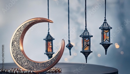 A digital artwork of a crescent moon and Muharram ul Haram symbols. photo