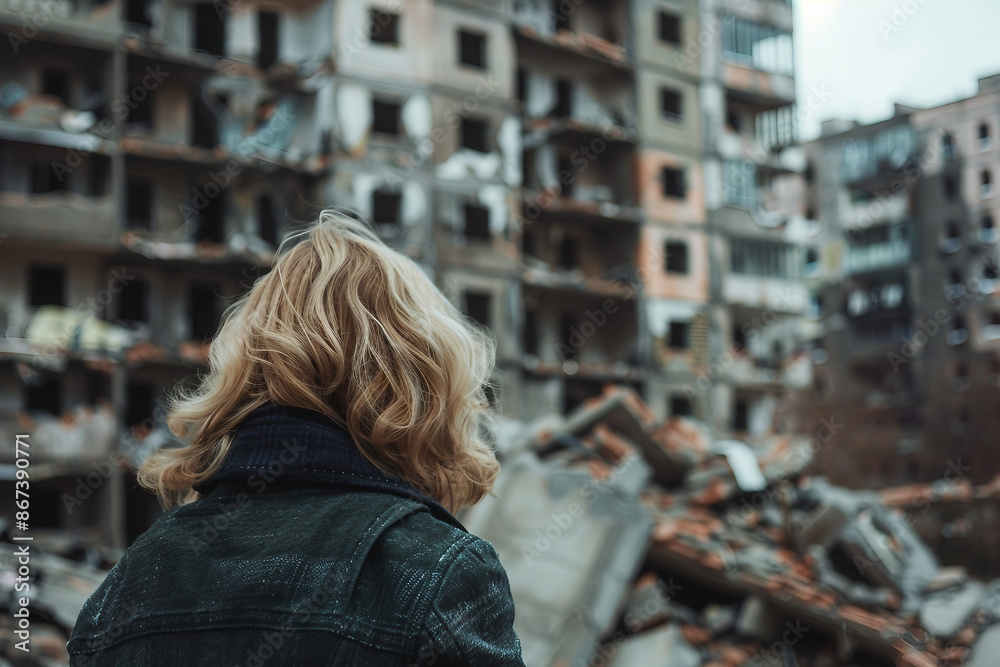 Generative AI illustration of miserable people in damaged city house ruins suffering from loneliness war Generative AI illustration of miserable people in damaged city house ruins suffering from loneliness war