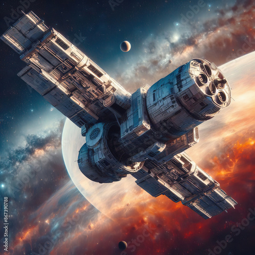 Wallpaper Mural spaceship against the backdrop of the planet, rays of backlight flying around the planet in orbit Torontodigital.ca