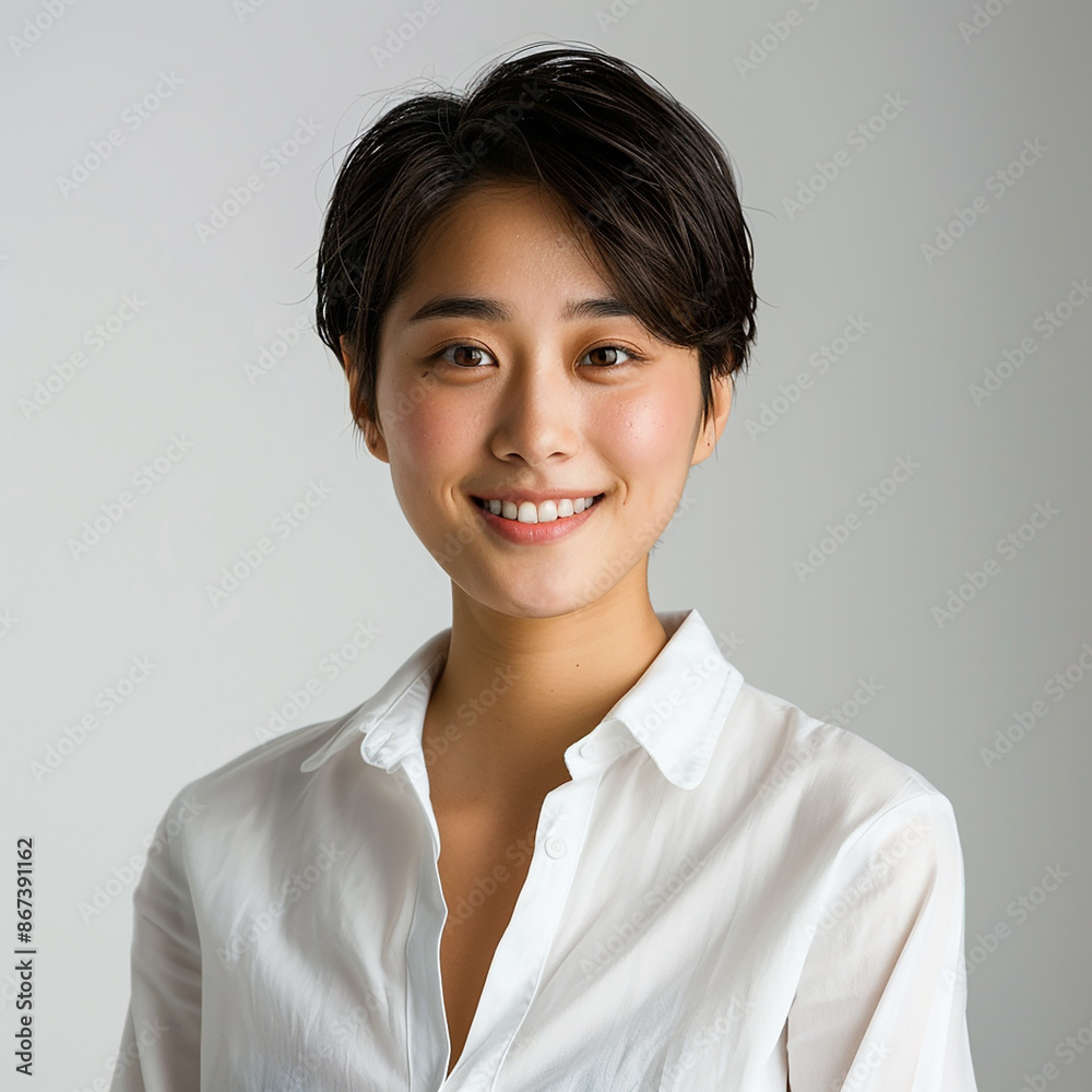 A young woman with short hair smiles warmly, wearing a white shirt against a simple, light background. The image is clean and modern, ideal for professional or casual themes. A young woman with short hair smiles warmly, wearing a white shirt against a simple, light background. The image is clean and modern, ideal for professional or casual themes.